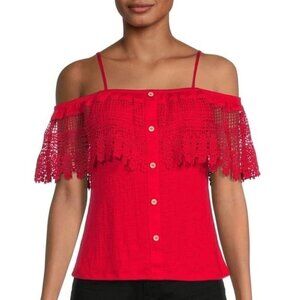 🌸3/$15🌸 Red Lace Romantic Off Shoulder Top Crochet Ruffle‎ Short Sleeve Shirt XS